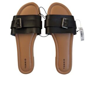 Torrid Womens Black Faux Leather Buckle Slide Sandals Flat Summer Shoes Size 9